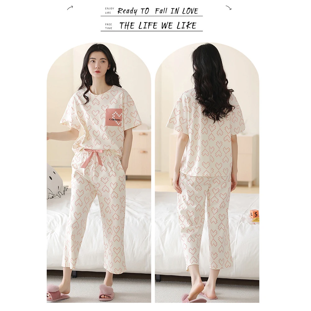 100% Cotton Two-piece Set New Girl Summer Pajamas Print Sleepwear Casual Short Sleeve Pijamas Set for Women Elastic Pajama Pants