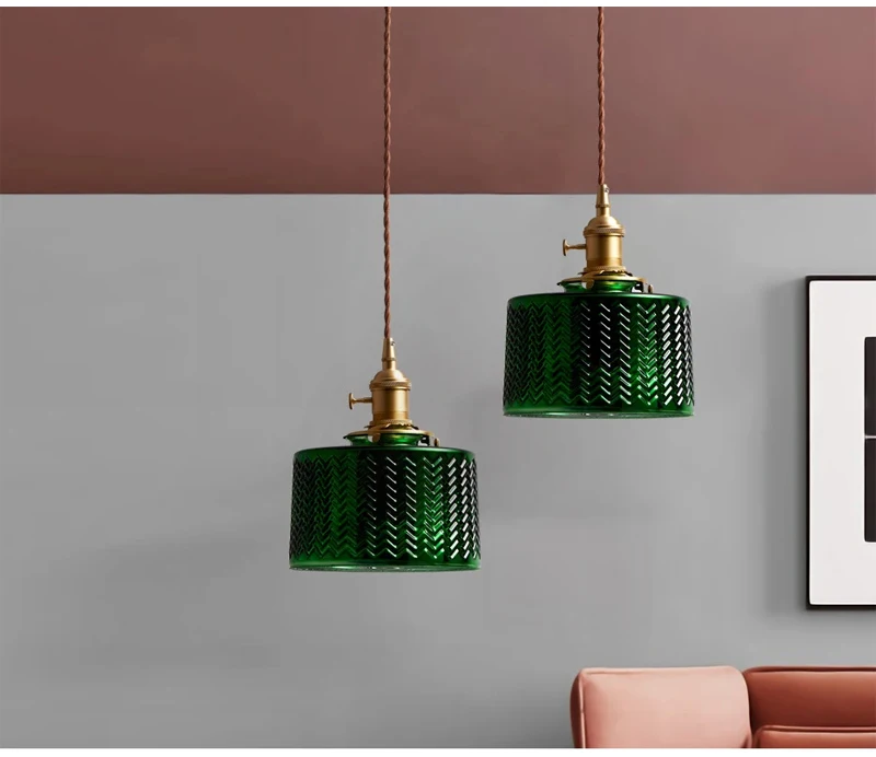 Copper Glass Suspension pendant Lamp for Dining Room Foyer Bedside Apartment Nordic Green Pendant Light LED Hanging Lamp Ceiling