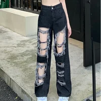 High Waist Straight Leg Jeans Women's Summer High Street Torn Denim Pants Floor-Length Fringed Design Versatile Loose Fit