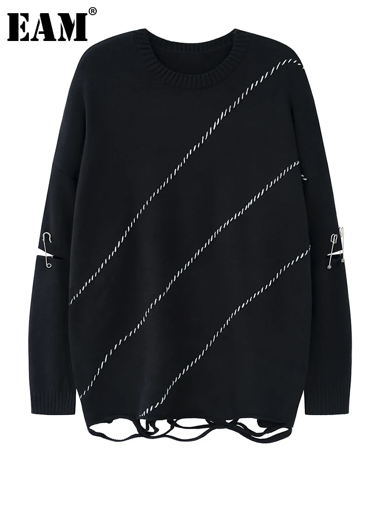 

[EAM] черный вязаный свитер большого размера с круглым вырезом и длинными рукавами, женские пуловеры, новая мода весна-осень 2024, CPG0959