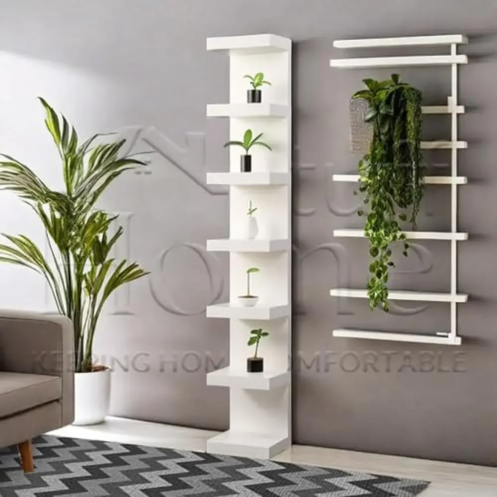 Vertical Wall Mount Shelf Unit Floating 7 Tier Storage Organizer Home Office Decor Engineered Wood Trapezium Shape Modern Design 2
