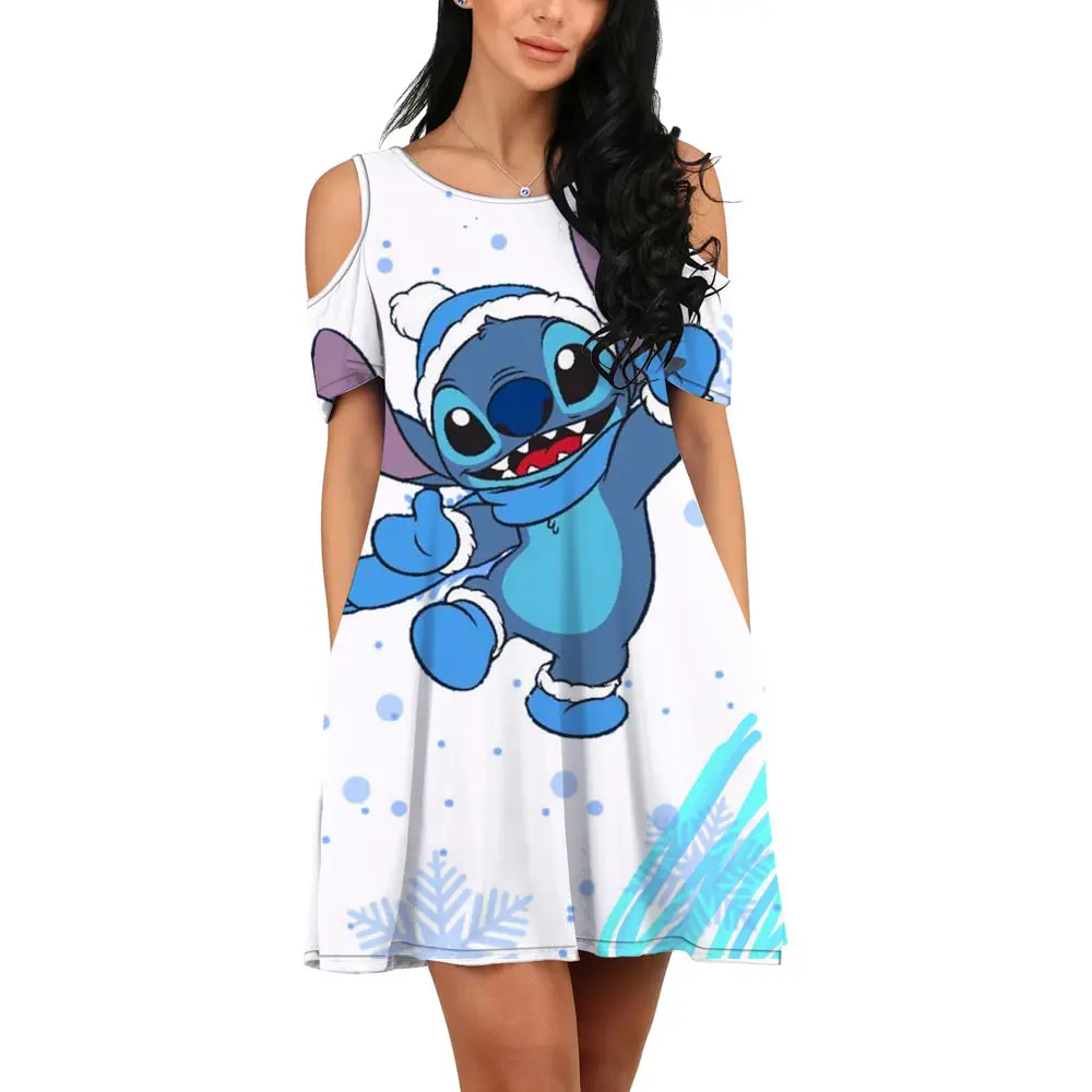 

Summer Harajuku Streetwear Disney Brand Winnie the Pooh and Mickey Anime New Ladies Casual O Neck Print Off Shoulder Dress