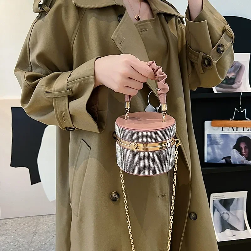 Round Box Handbags for Women Trend 2023 Fashion Evening Bag Leather Luxury High Quality Sparkle Diamond Party Shoulder Bag Woman