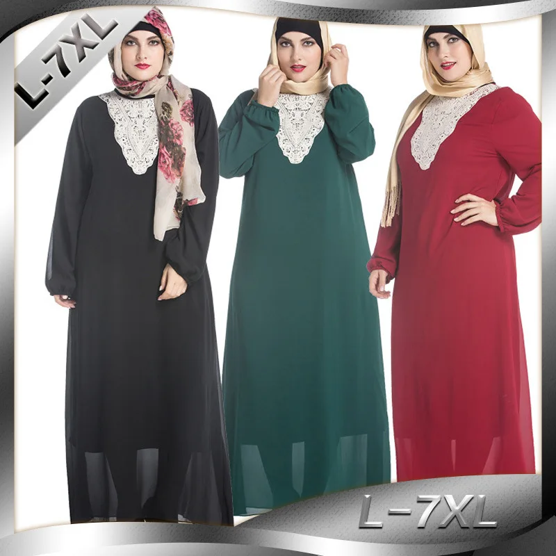 

Fashion Chest Appliqué Arab Muslim Robe Plus Size Long Sleeve Dress Women
