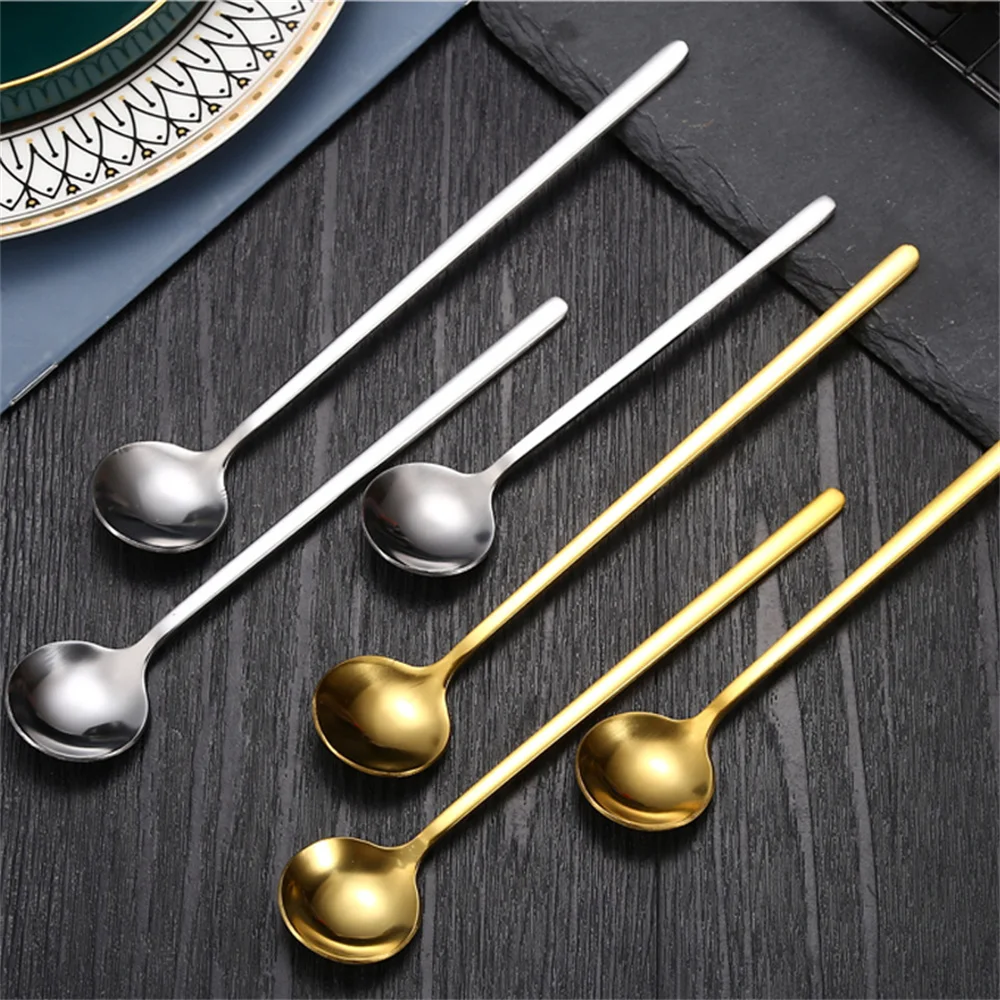 

Stainless Steel Long Handle Coffee Stirring Spoon Nordic Style Small Ice Cream Dessert Round Head Scoop Kitchen Cafe Accessories