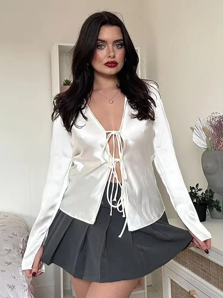 HH Women Fashion Long Sleeve Tie-Up V-Neck Bow Blouse Street Clothing 2024 Spring New Satin Shirt Chic Ladies Tops Mujer