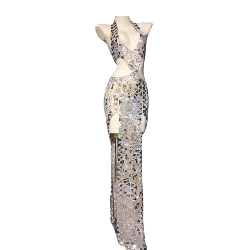 

Rhinestone Women Sexy Net Yarn Stretch Silver Mirrors Crystals Dress Birthday Party Clothing