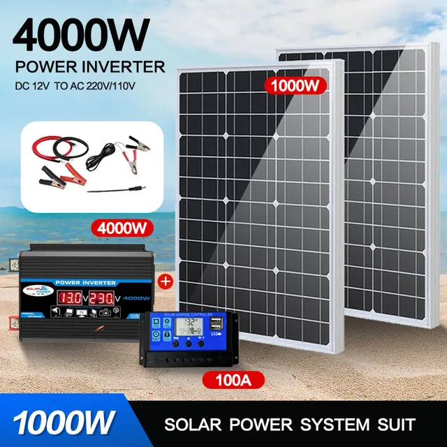 Système de panneaux solaires en verre, contrôleur de charge de batterie 12V, kit d'onduleur solaire 110 W, 4000 V, 220V, 1000W, invitation pour une utilisation domestique et extérieure 1