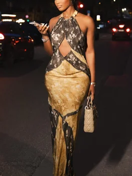 Retro Yellow Floral Sleeveless Women Maxi Dress Fashion Halter Neck Openwork Waist-cinching Vestidos 2026 Summer New Party Wears 1
