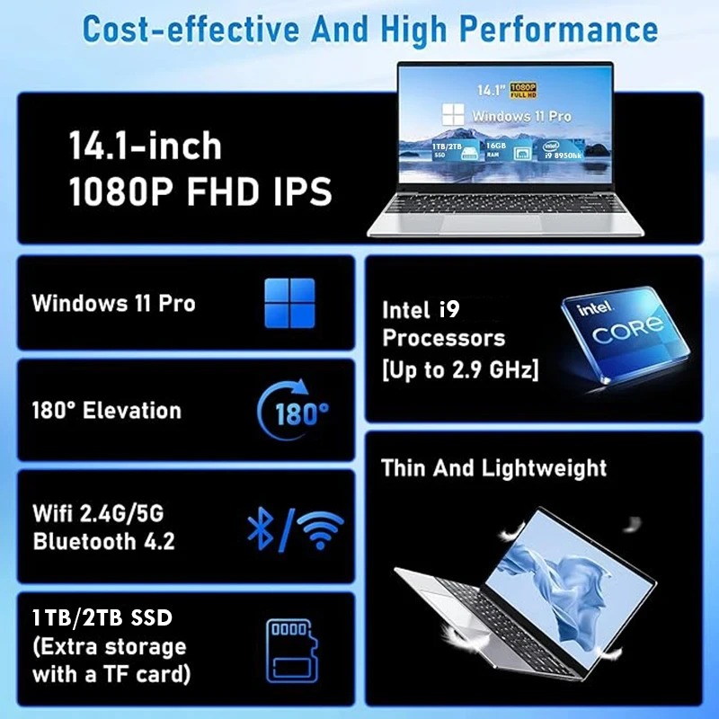 PC 게이머 게이밍 노트북, 윈도우 11 프로 노트북, 인텔 코어 i9 8950hk HD 스크린, 16GB RAM, 1TB, 2TB SSD, 14.1 인치 노트북, 신제품