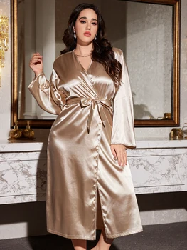 رداء نسائي بلون سادة مقاس كبير، ثوب نوم نسائي كاجوال أنيق ومريح 3