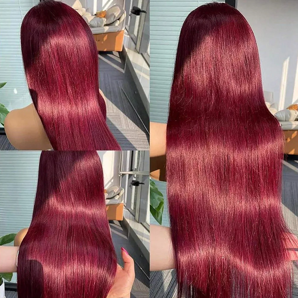99j Burgundy Lace Front Wigs Human Hair 28 Inch 13x4 HD Transparent Lace Straight Red Wig Human Hair