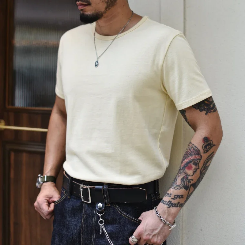 Saucezhan Tops & Tees Men's T-shirt Summer Short Sleeve 5 Colors Pure Cotton  Anti-deformation Double-woven fabric 340g 3