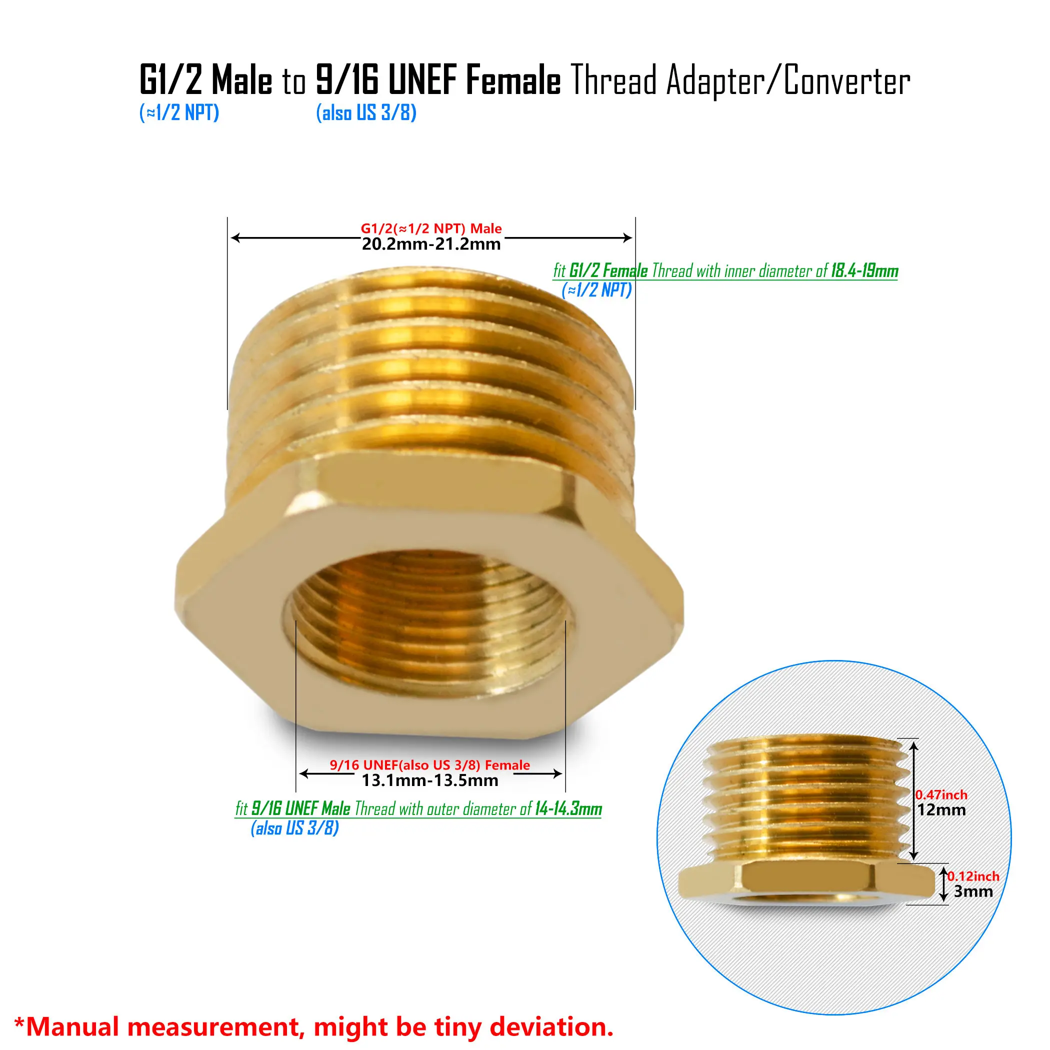 G1/2 to G3/8, 9/16-24 UNEF, 1/2 NPT Reducer Pipe Fittings Brass or
