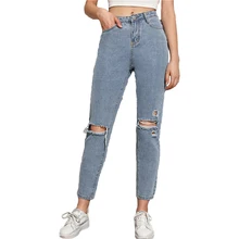 

Holes Jeans Fashion Women's Clothing Casual Mid Waist Light Blue Denim Trousers Female Elegant Slim Washed Ripped Cowgirl Pants
