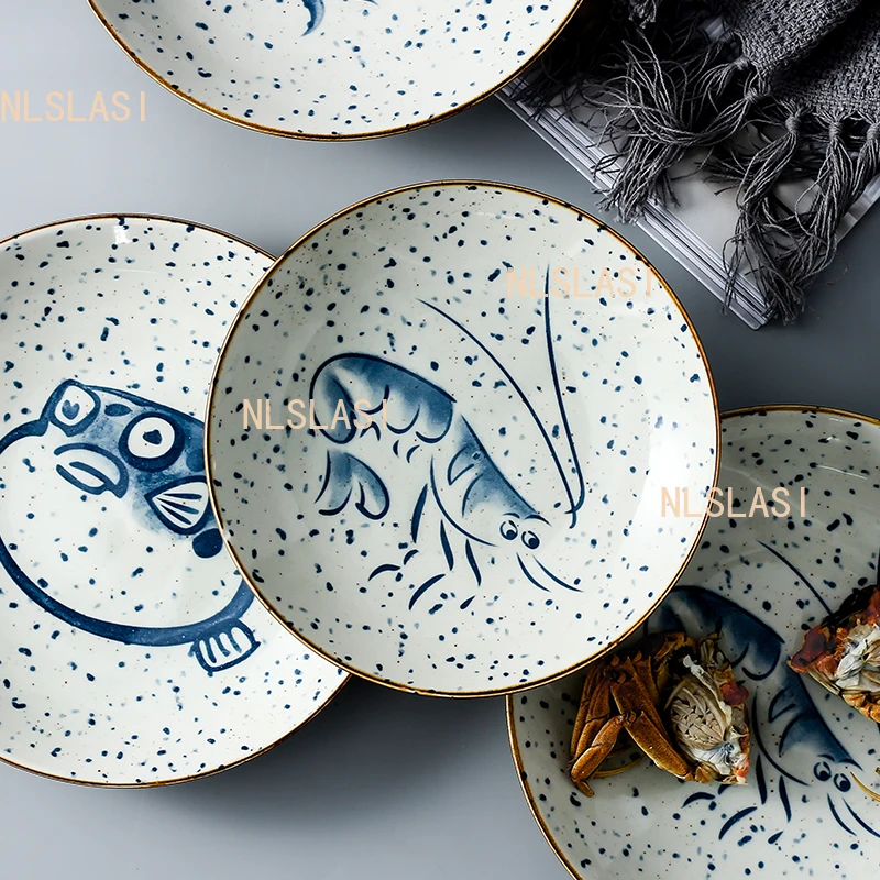 1pcs Ceramic Circular Dish Home Sushi Plate Japanese Seafood Dessert Plate Underglaze Colour Household Items Dinner Plates Set