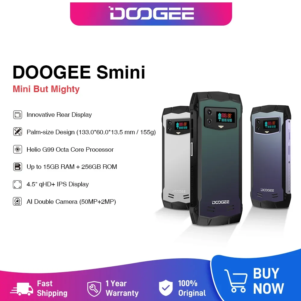 

DOOGEE Smini 4.5” qHD Display 50MP Camera Helio G99 8GB+7GB Extended RAM+256GB ROM Innovative Rear Display 3000mAh 18W Charge