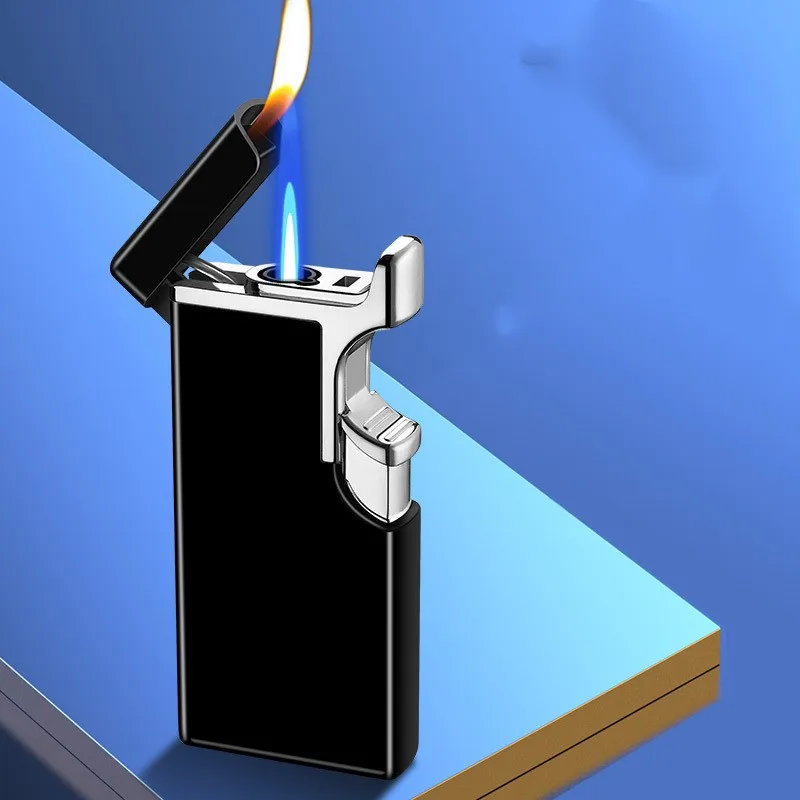 

Creative Double Use Gas Lighter Press Open Fire Windproof Direct Blue Flame Two-in-one Igniter Thin Metal Body Visible Window