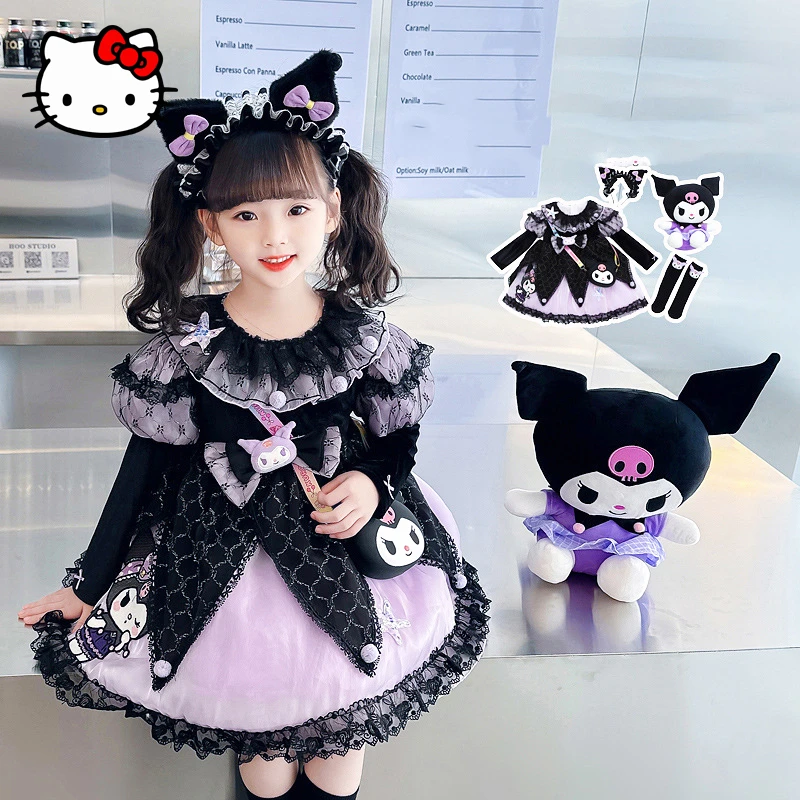 

Kawaii Sanrio Kuromi Dress Cute Cartoon Children Winter Little Devil Long Sleeve Lolita Princess Dress Student Anime Lace Dress