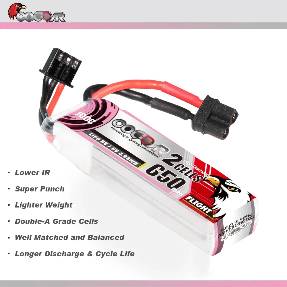 

CODDAR 650MAH 2S HV 7.6V 100C XT30 RC LiPo Battery 60mm to 130mm Brushless FPV Drone Emax Tinyhawk GEPRC TinyGo Happymodel Beta