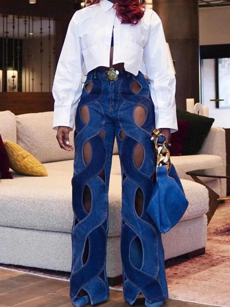 

Джинсовые брюки с вырезами, женские уличные повседневные Прямые расклешенные брюки с перекрестными углами, модные джинсы с широкими штанинами, 2023