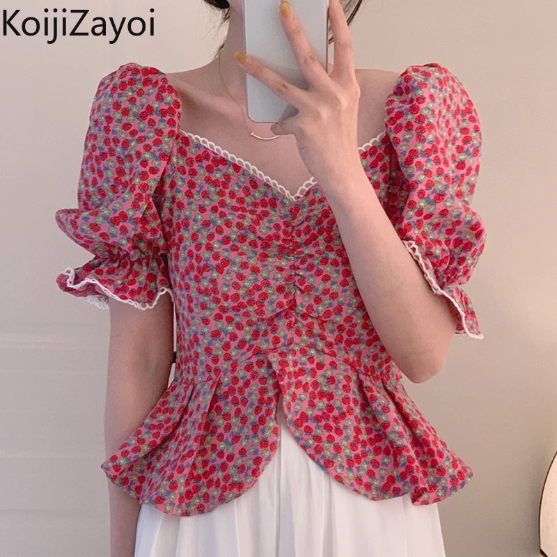 

Koijizayoi Women Sweet Floral Shirt Sexy Lady Strapless Stitching Lotus Blouse Korean Chic Summer Puff Sleeve Floral Blusas