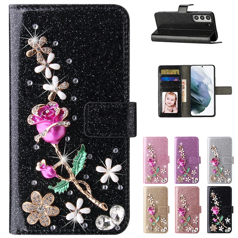 Glitter Leather Wallet Case For Samsung Galaxy S25 Ultra S24 FE S23 Plus S22 S21 A35 A14 A15 A16 A26 A36 A56 A55 A34 A54 A13 A33