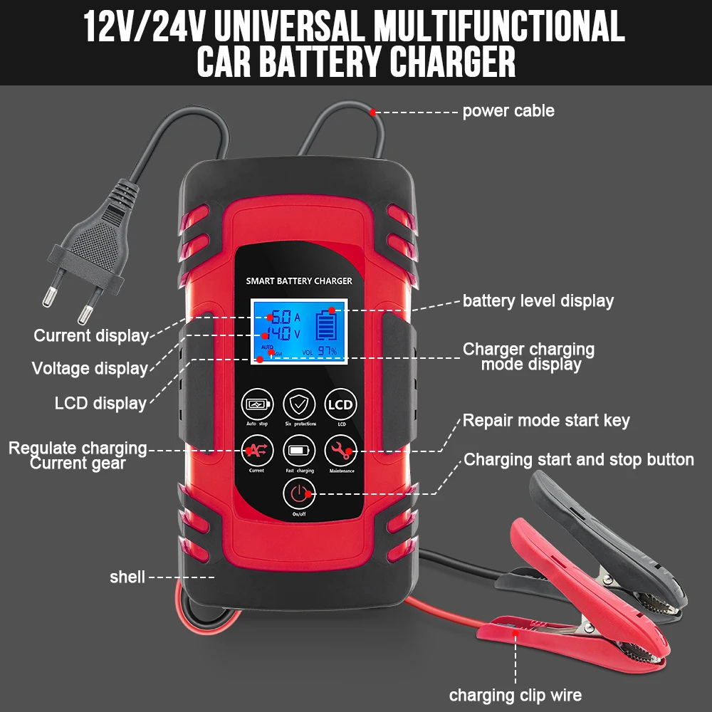 Jfind New Fully Automatic Battery Charger 12V/24V Smart Battery Pulse Repair Tools Lead Acid Battery Charger LCD Digital display