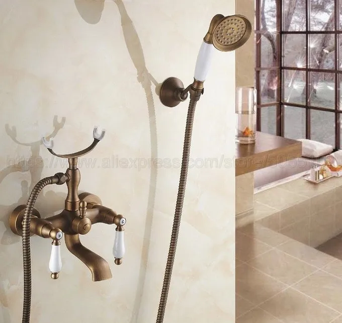 

Antique Brass Bath Shower Faucet Set Dual Knobs Wall Mounted Bathtub Mixers with Handshower Swive Tub Spout ztf156