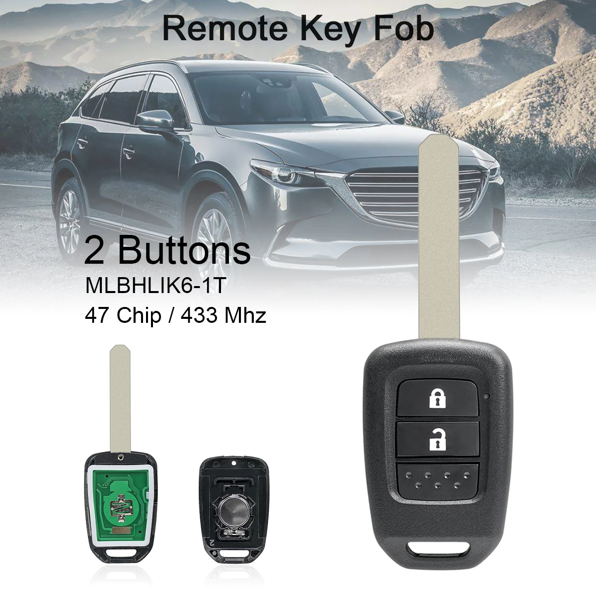 433Mhz 2Buttons Car Remote Key with ID47 PCF7961 Chip / MLBHLIK6-1TA Fit for Honda 2013 - 2015 CRV 2013-2017 Accord  Civic