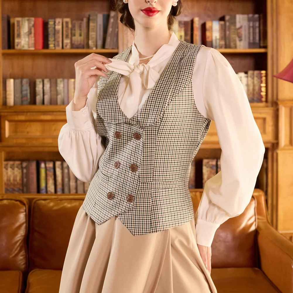 BP Women Vintage Retro Double Breasted Vest Deep V-Neck Handkerchief Hem Vest Coat Sleeveless Slim Jackets Causal Female Clothes