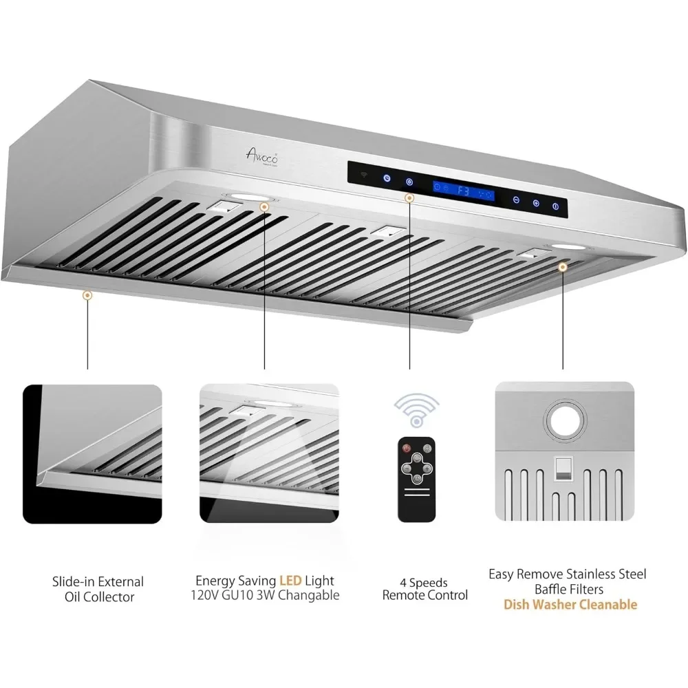 30 Inch Range Hood, 7” High Stainless Steel Under Cabinet Range Hood 4 Speeds, 8” Round Top Vent, 1000CFM 2 LED Lights 4