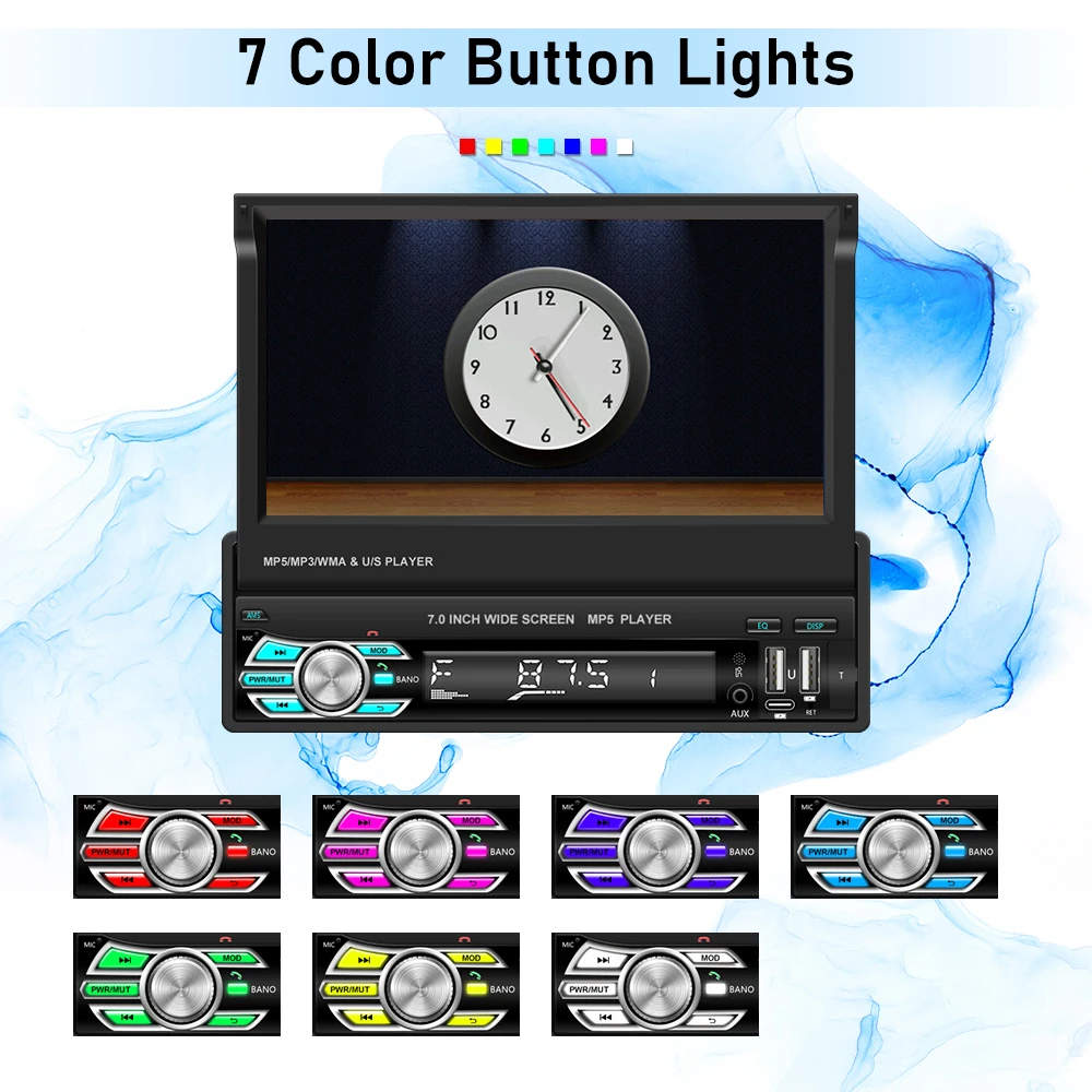 Leekooluu-reproductor Multimedia Universal para coche, pantalla retráctil Manual de 7 pulgadas, 1DIN, Android, Carplay, vídeo, MP5, USB/SD/AUX-IN 6