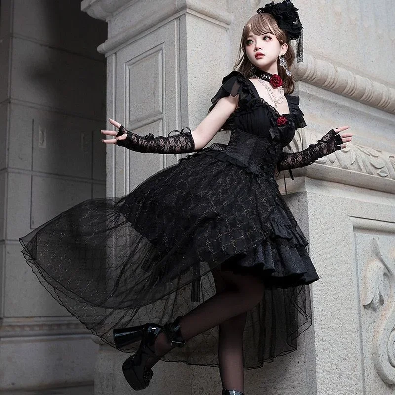 

Dark Rose Jsk Sling Dress Dark Court Style Lolita Skirt Kol Saati Black Dresses Soft Lolita Clothing Vestido Manga Larga