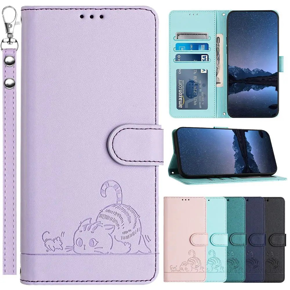 3D Cat Leather Wallet Flip Phone Case with Strap