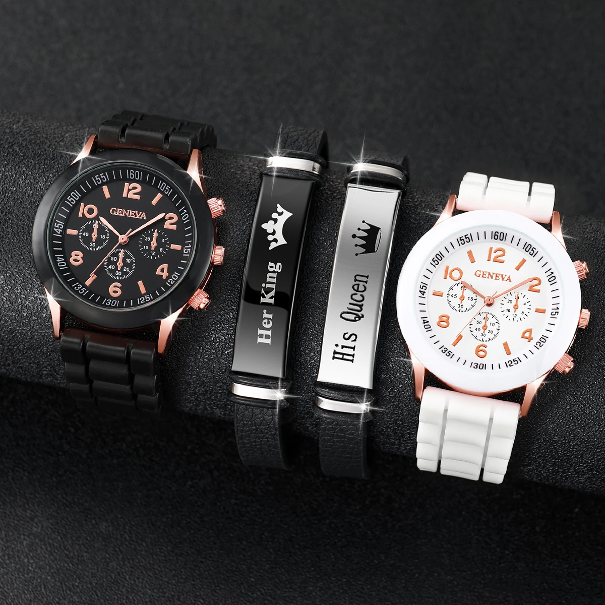 4PCS/Set Fashion Women's Watch Couple Simple Silicone Strap Quartz Watch with Crown Bracelet Set