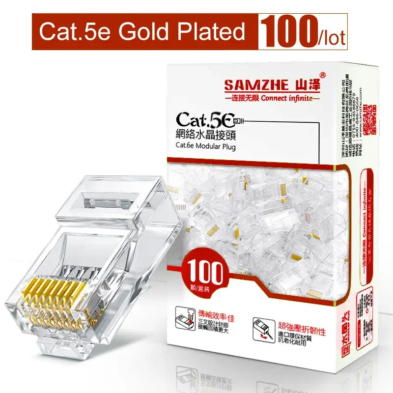 SAMZHE-Cat5e-RJ45-Modular-Plug-8P8C-Connector-for-Ethernet-Cable-Gold ...