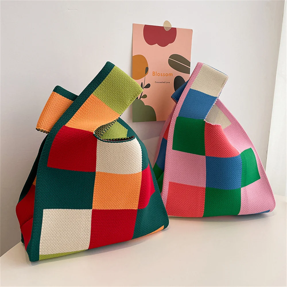 ColorfulGridHandmadeKnittedHandbagKoreanWomenMiniKnittingWrist
