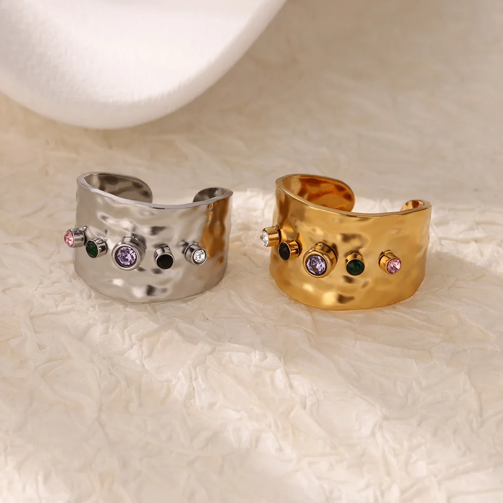 Chunky Zircon Geometric Rings For Women Gold Color Opening Stainless Steel