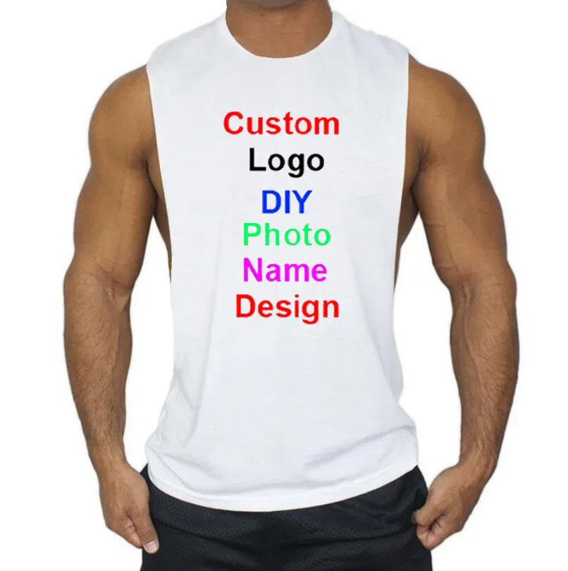 Design Brand Logo Custom DIY Mens Cotton Tank Top Bodybuilding Open Side Sleeveless T Shirt Gym Fitness Training Clothing