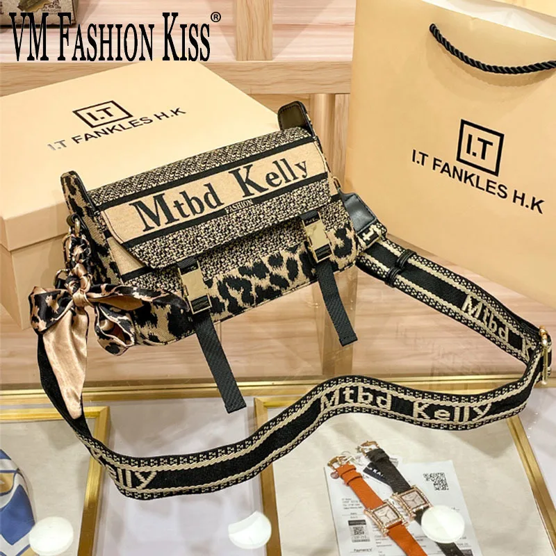 

VM FASHION KISS 2023 Leopard Print Canvas + Split Leather Women Bag Bolsa Feminina Crossbody Bag Luxury Designer New In Handbag