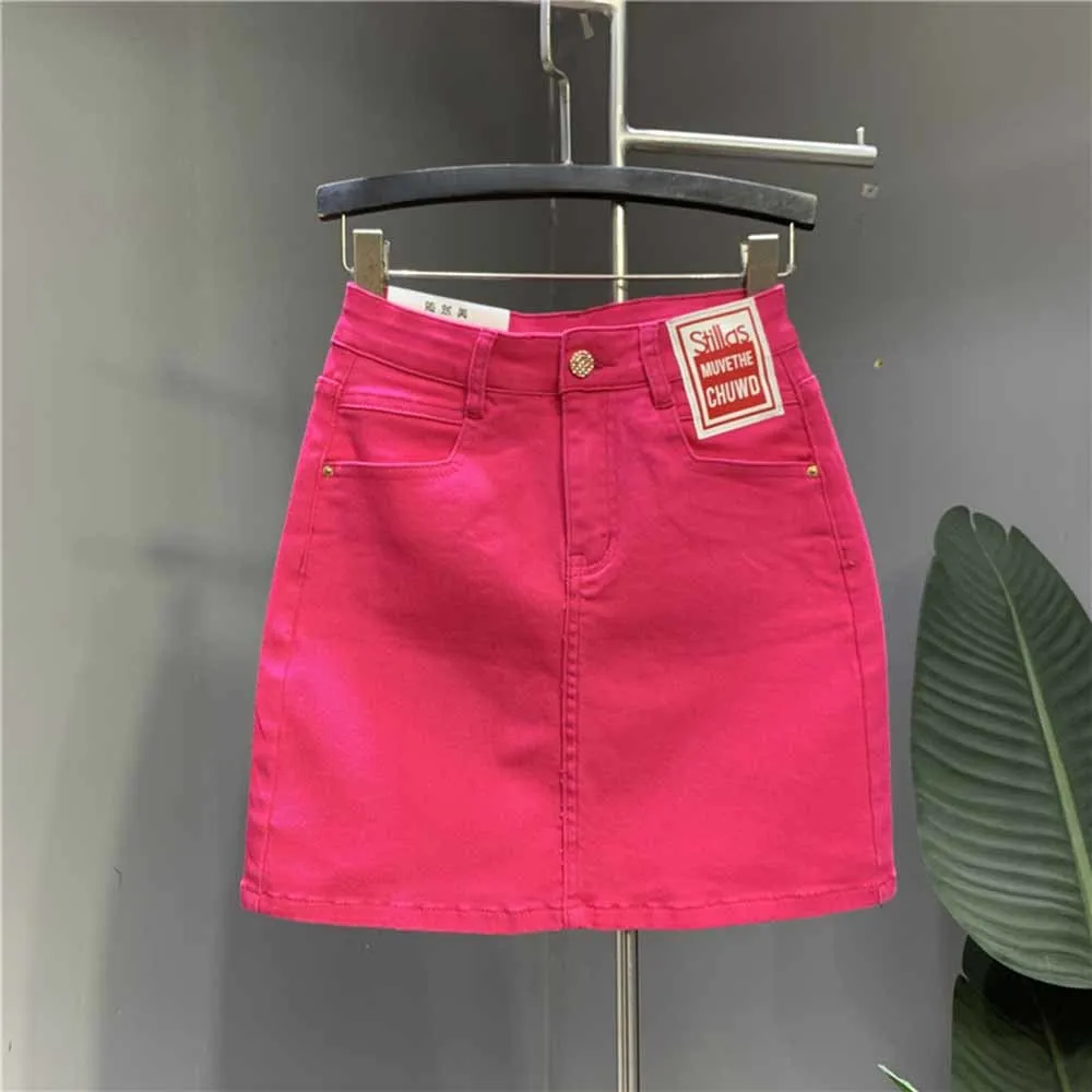 

Rose Red Denim Skirt Women's Summer Wear 2022 New Korean Style Slimming A- Line Casual Package Hip High-Waisted Jupe