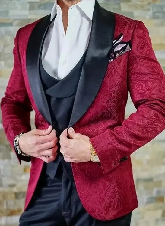 

Fashion Burgundy Butterfly Jacquard Groom Tuxedos Men's Blazer 3 Piece Suits Wedding Dress Prom Clothing Multi-color optional