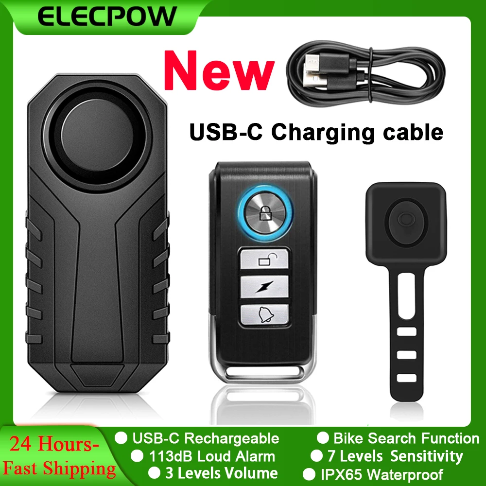 Elecpow New Bicycle Alarm USB-C Rechargeable Waterproof Electric Motorcycle Scooter Bike Security Anti-theft Alarm System