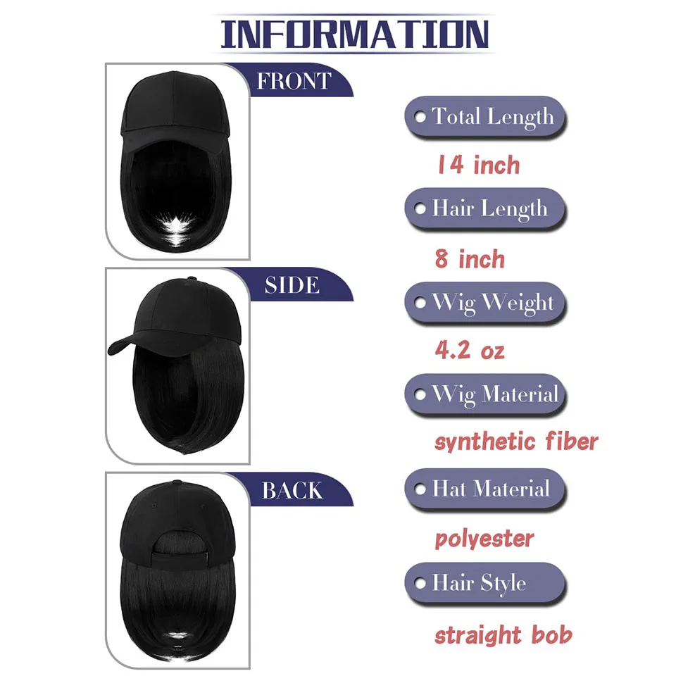 Synthetic Black Baseball Wig Cap for Women