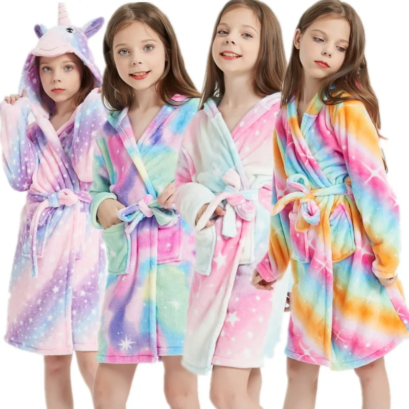 Kids Unicorn Bath Robes Winter Children's Bathrobe Kigurumi Animal Flannel Sleepwear For Teenage Boys Girls Pyjamas Nightgown