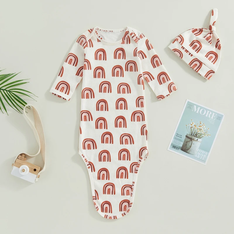 Baby Knotted Gown with Hat Set, Soft Newborn Sleep Sack Swaddle Hat Set for Boys Girls