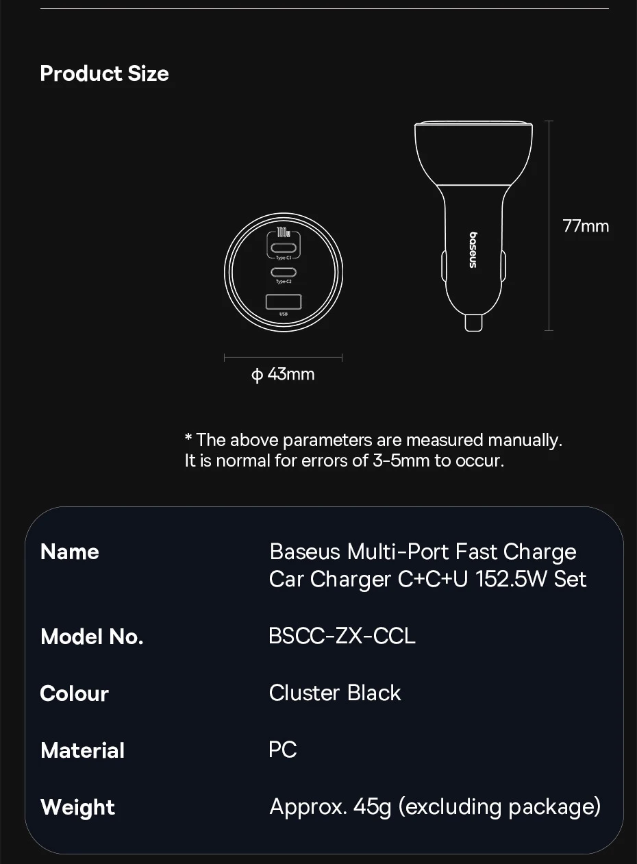 152.5W Car Charger Fast Charging 100W PD3.0 QC4.0 USB Type-C Phone Charger For i