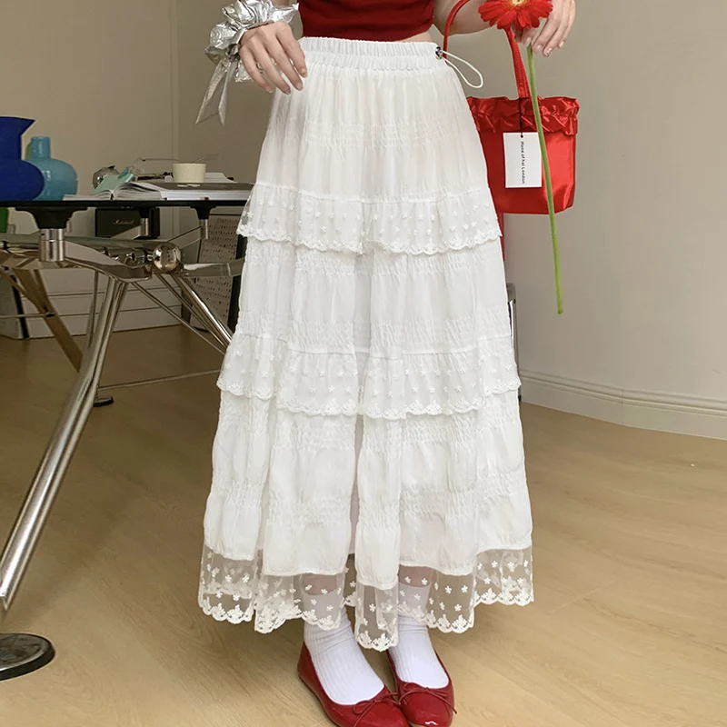 French Style Pregnant Woman Lace Skirts for Summer Sweet Mesh Hem Patchwork Drawstring Waist Elegant Maternity Long Cake Skirt