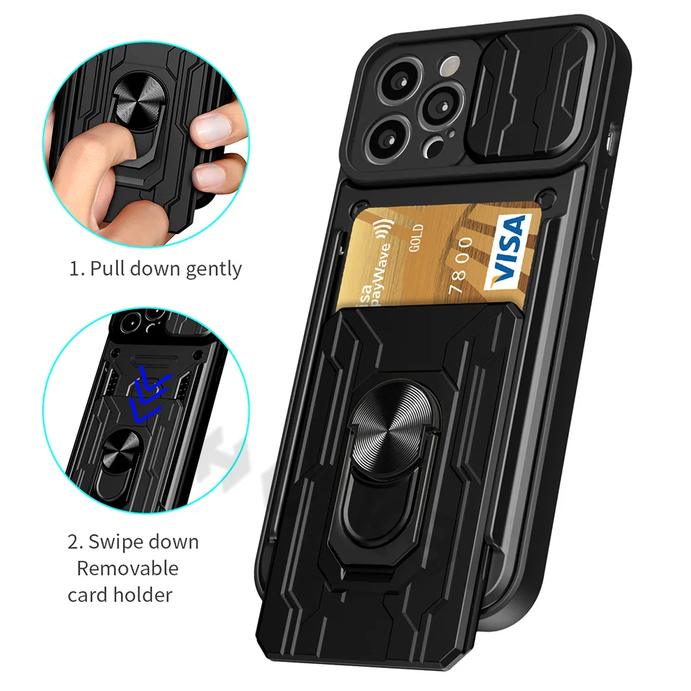 For iPhone 13 12 11 Pro Max Case Slide Stand Kickstand Ring Camera Military Grade Card Slot SE 2020 XR XS Max X XS 8 Plus Cover